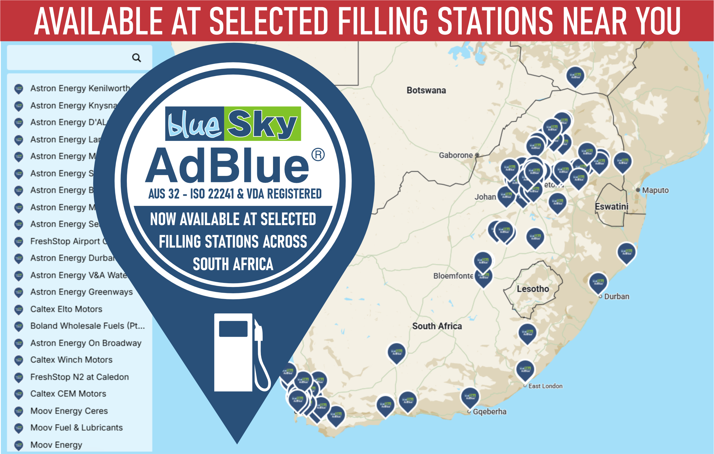 Map of South Africa showing Blue Sky AdBlue locations at selected filling stations, with multiple pins indicating where AdBlue is available nationwide.
